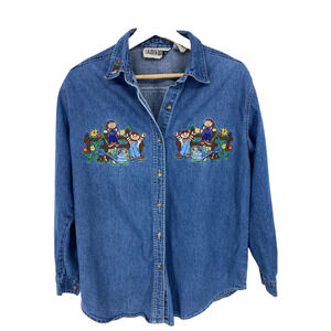 Vtg 90s Sz MED LAUREN BROOKE Shacket Button Down Shirt w/Garden Teddy Bears 1326